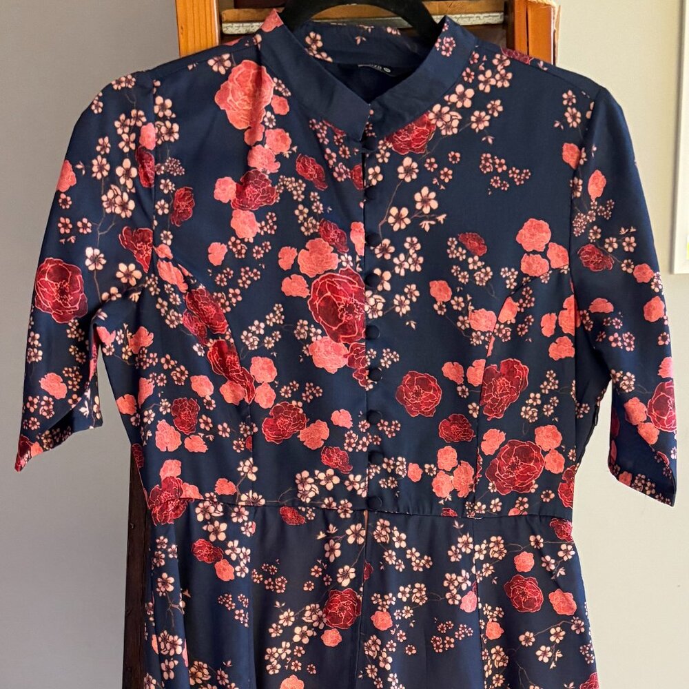 High Collar Navy Blue & Dusty Pink Floral House of Indya Gown